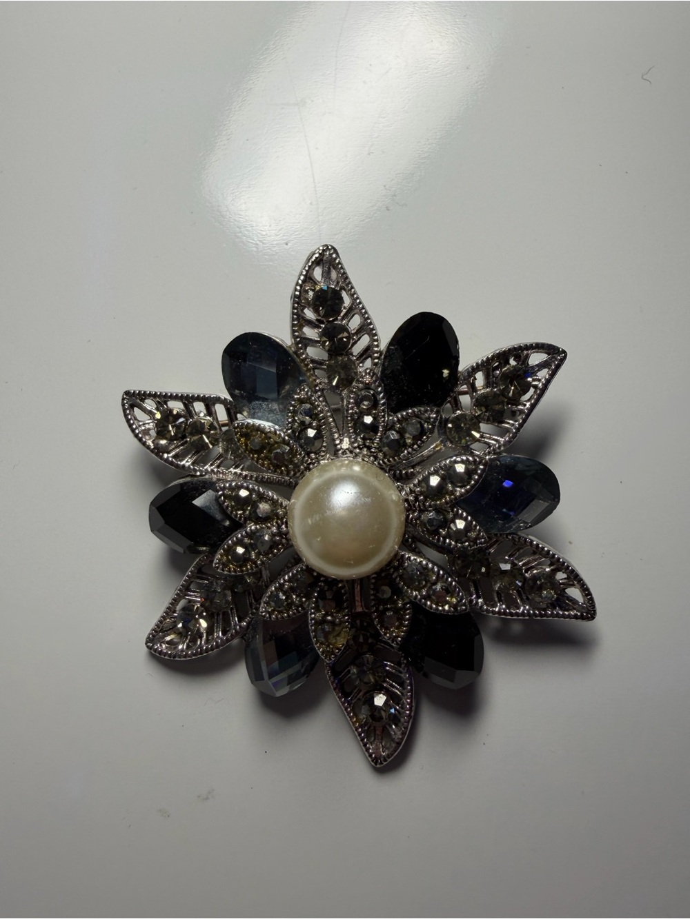 Vintage-Inspired Pearl & Black Crystal Flower Brooch